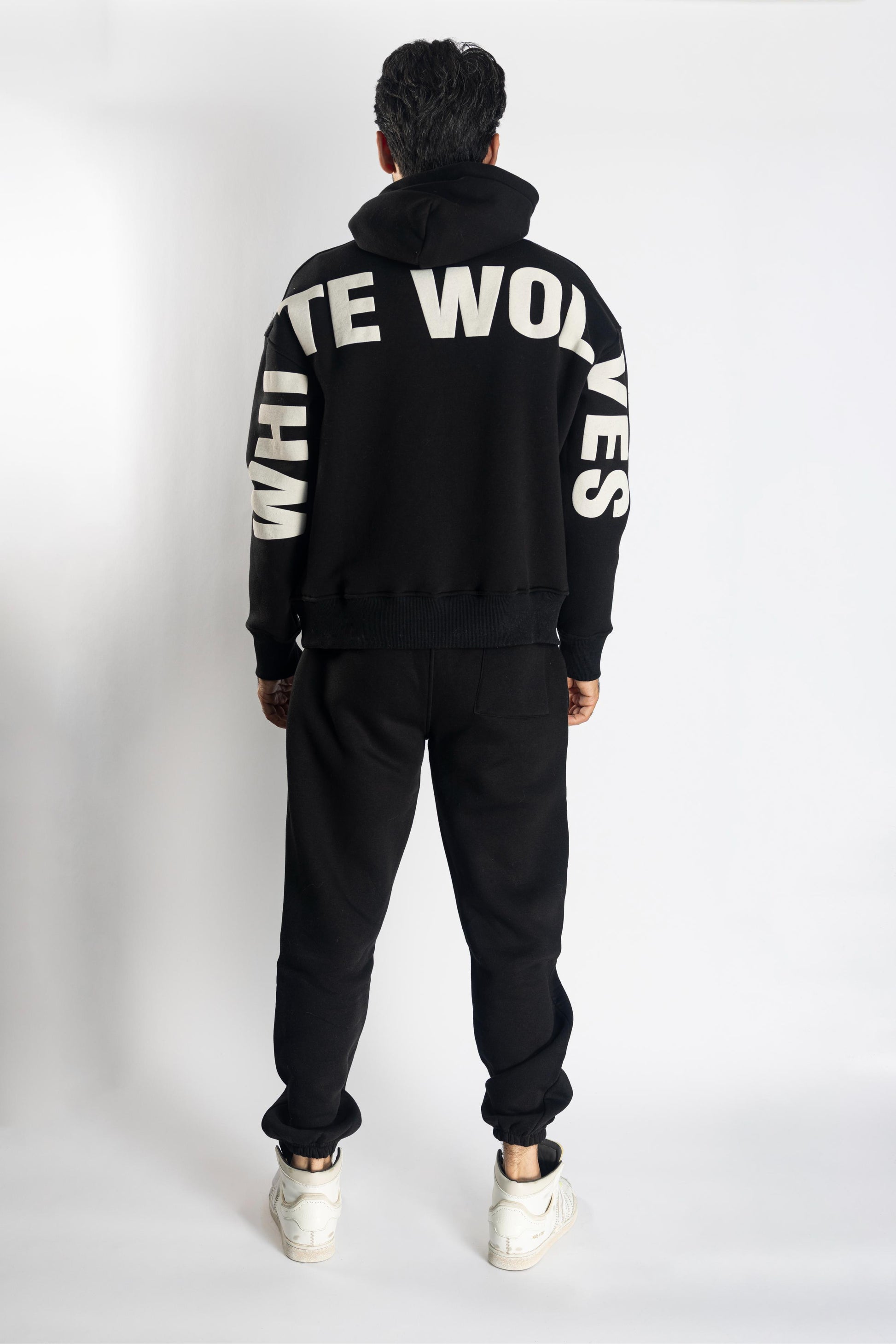 Oversized Jogging Set Hoodie For Men With Large White Wolves Print In Back - White Wolves