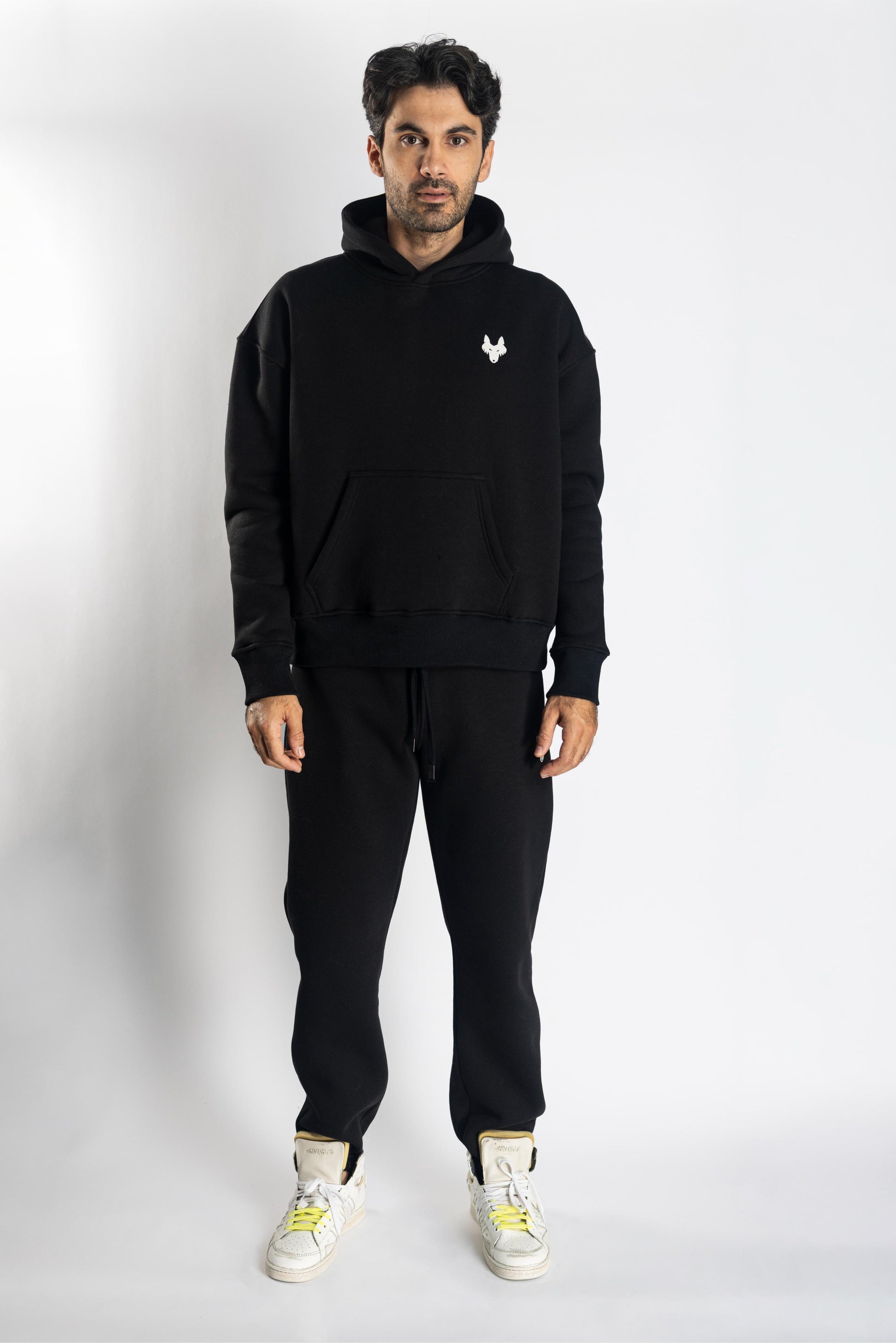Oversized Jogging Set Hoodie For Men With Large White Wolves Print In Back - White Wolves