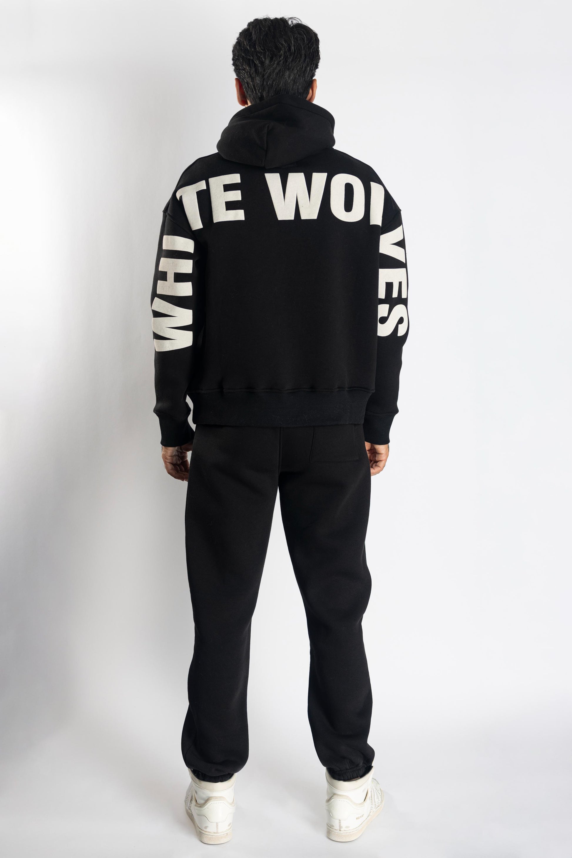 Oversized Jogging Set Hoodie For Men With Large White Wolves Print In Back - White Wolves