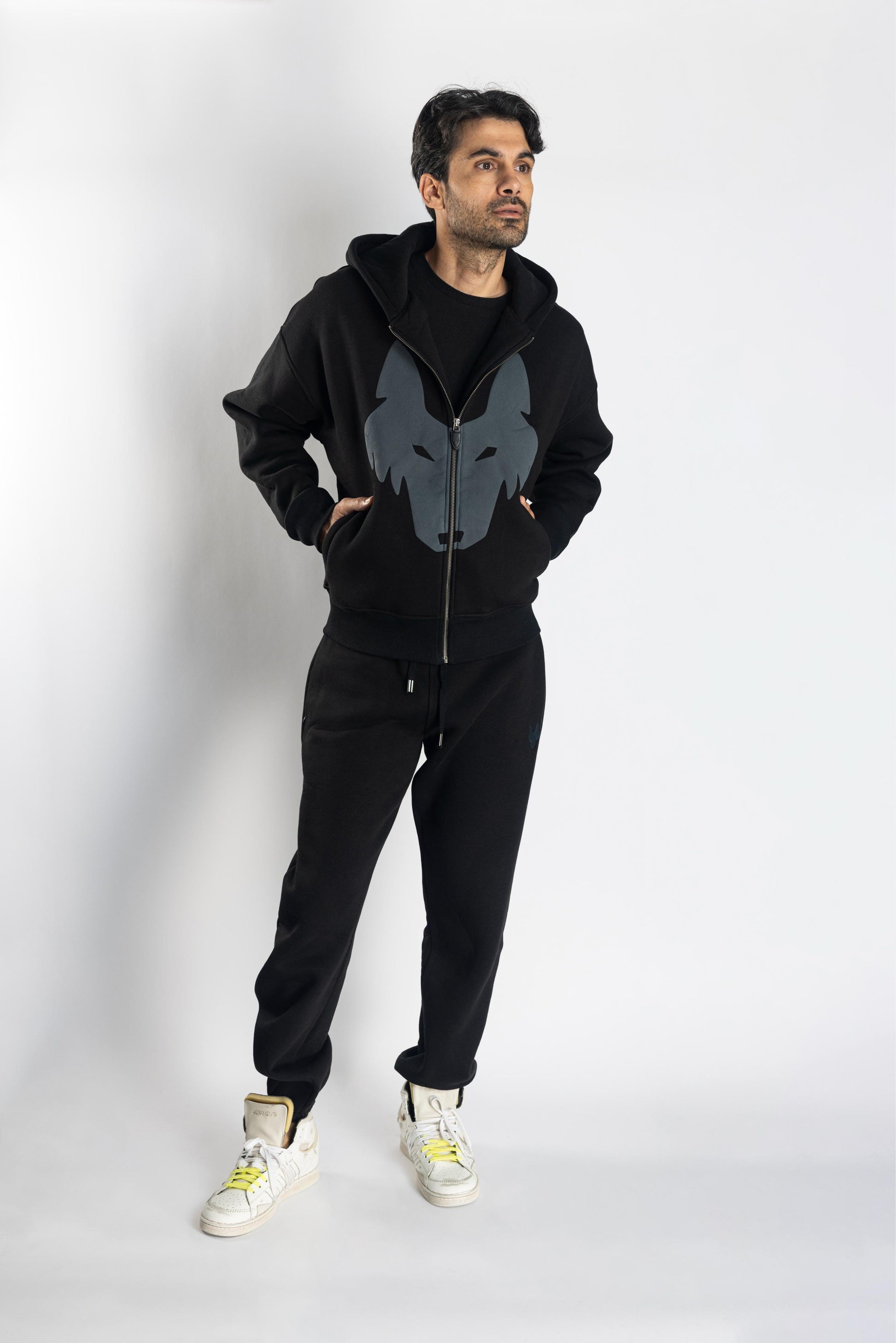 Oversized Jogging Set  For Men Jacket + Pants color black - White Wolves