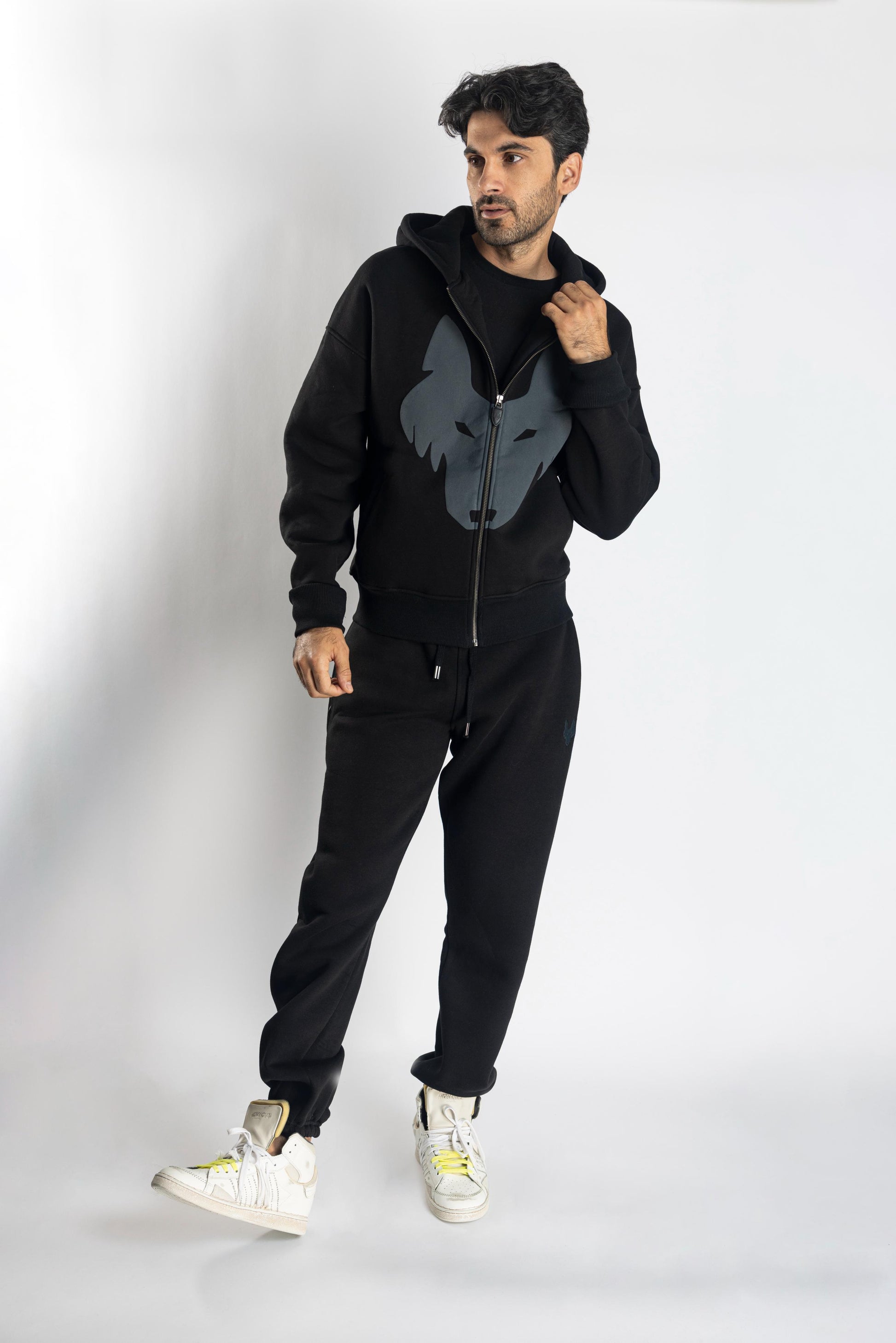 Oversized Jogging Set  For Men Jacket + Pants color black - White Wolves
