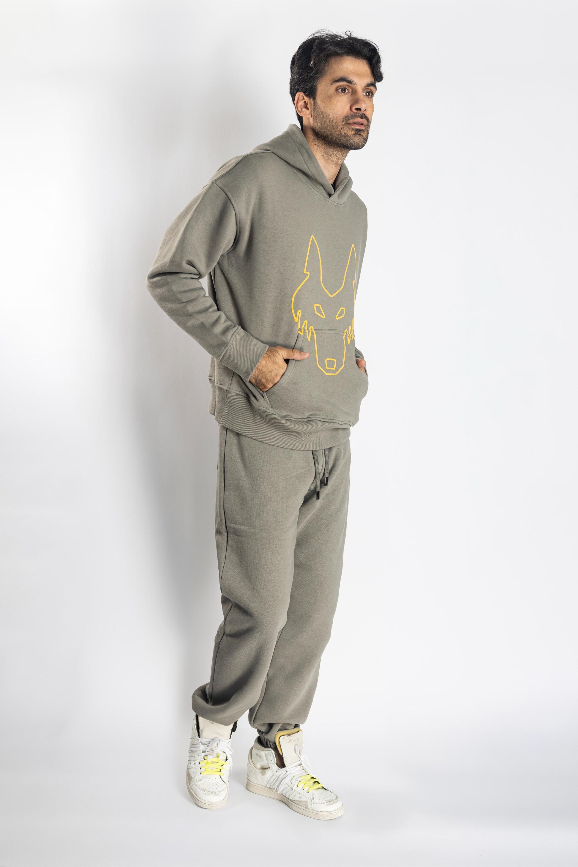 Oversized Jogging Set Hoodie For Men logo In Back color kaki - White Wolves