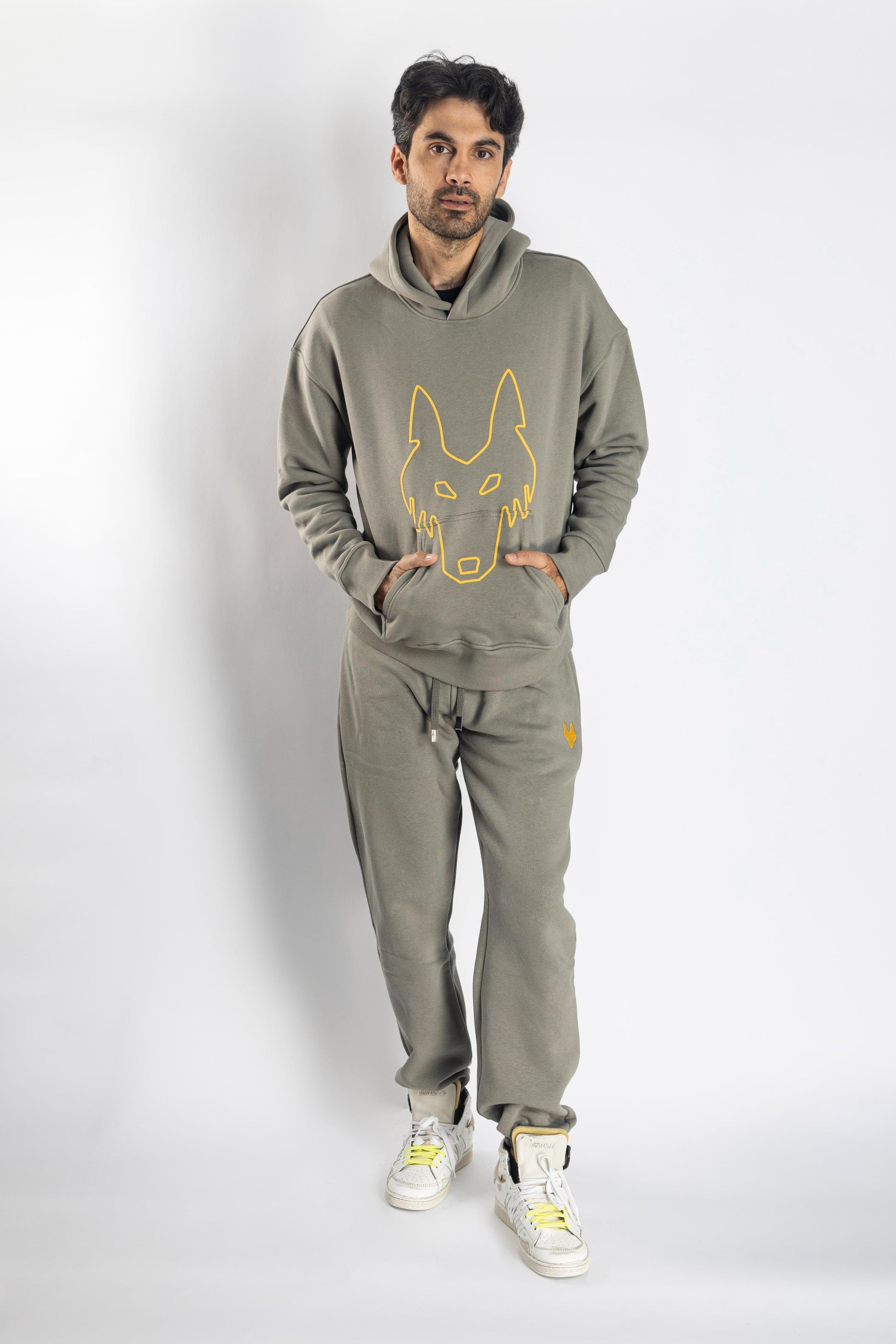 Oversized Jogging Set Hoodie For Men logo In Back color kaki - White Wolves