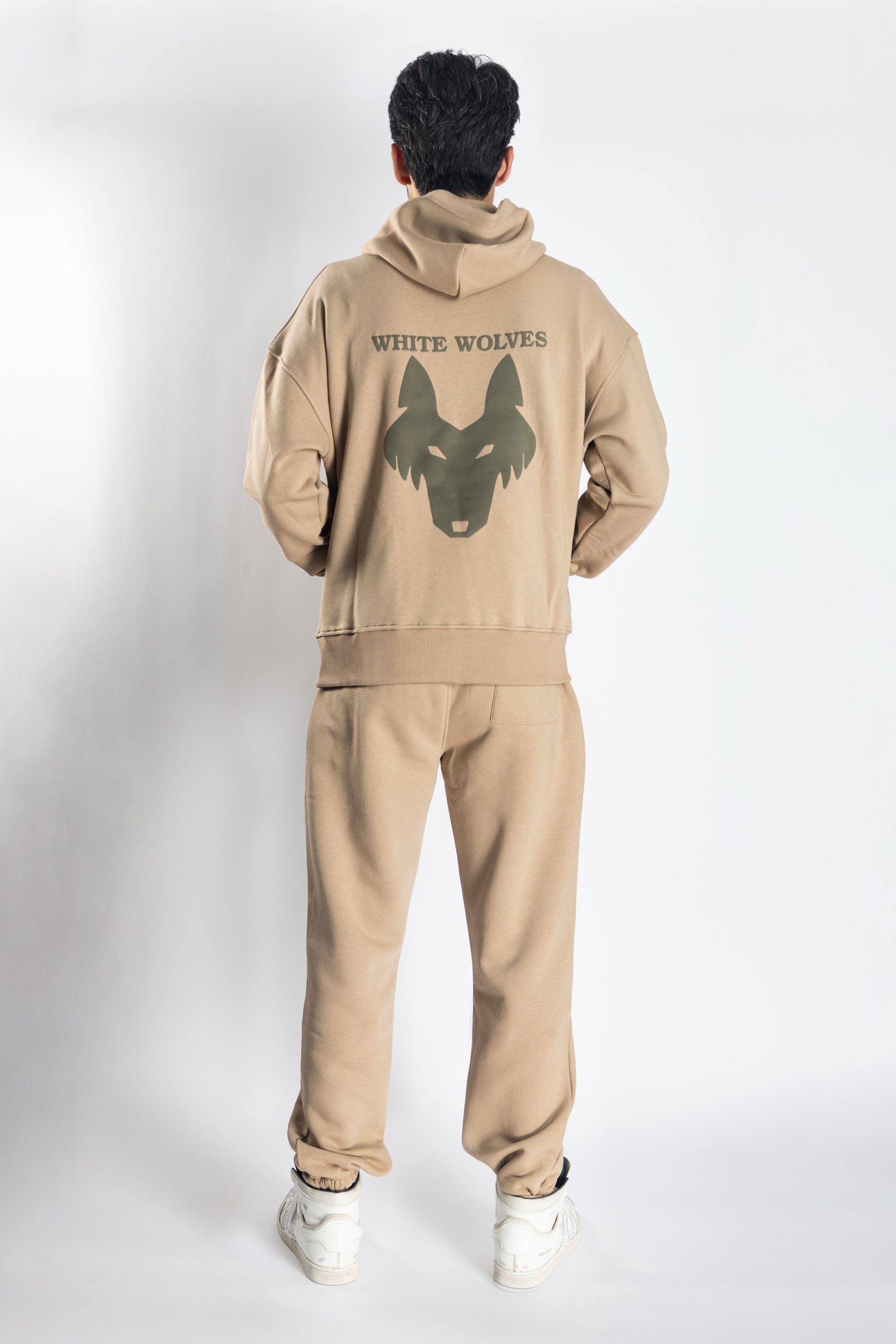 Oversized Jogging Set Hoodie For Men logo In Back color Beige - White Wolves